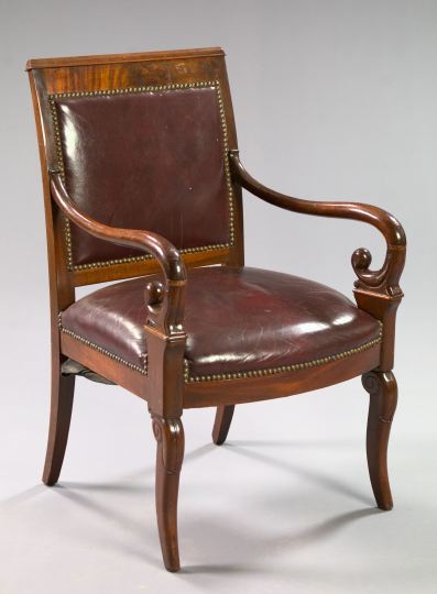 Appraisal: Restauration-Style Mahogany Armchair with molded and figured crest rail scroll