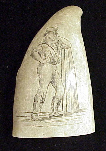 Appraisal: Whale tooth with scrimshaw of sailor workman standing with left