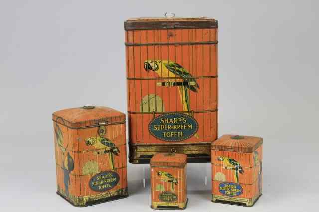 Appraisal: FOUR SHARP'S SUPER KREEM TOFFEE BIRDCAGE TINS England c s