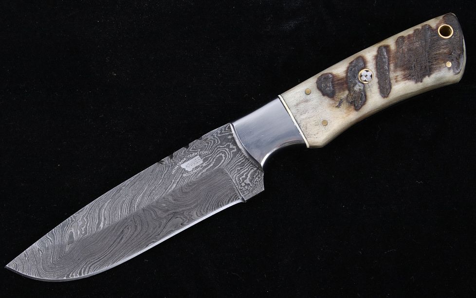 Appraisal: M T Knives Rams Horn Damascus Drop Point Knife This