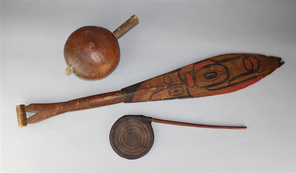 Appraisal: THREE DANCE IMPLEMENTS Plains rattle Hopi rattle and a Northwest