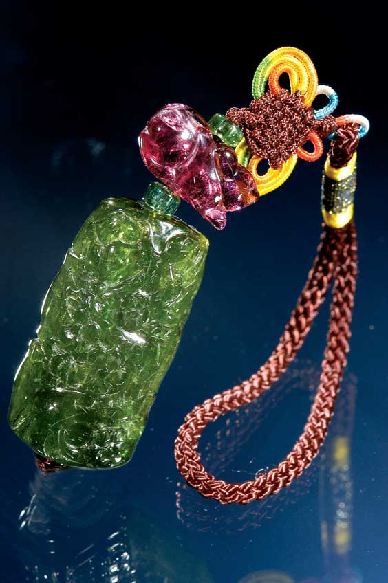 Appraisal: CARVED TOURMALINE PENDANT Fine Chinese carved green tourmaline pendant of