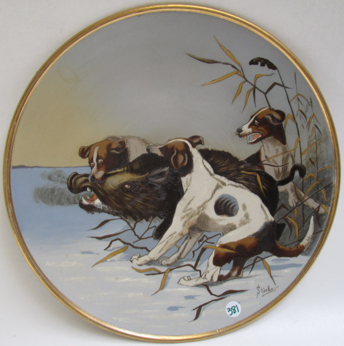 Appraisal: METTLACH POTTERY PLAQUE Three Dogs Attacking Boar Print Under Glaze