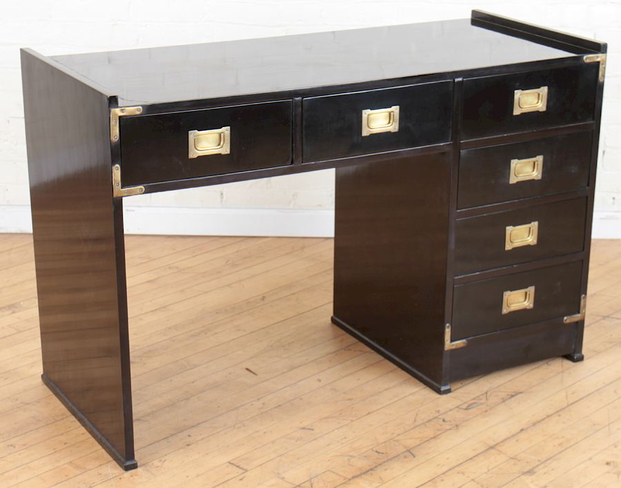 Appraisal: EBONIZED CAMPAIGN DESK BRONZE ACCENTS C An ebonized campaign desk