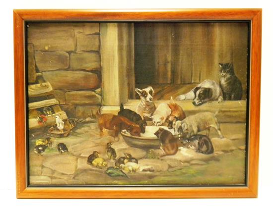 Appraisal: Naive oil on canvas depicting multitude of kittens and puppies