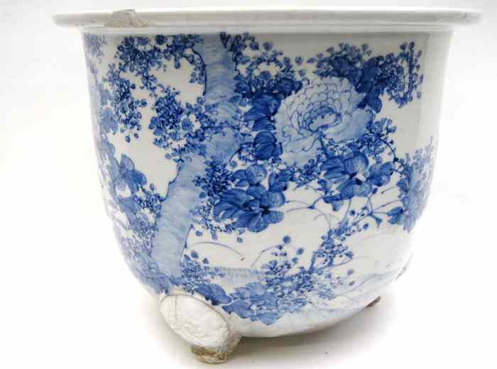 Appraisal: CHINESE BLUE WHITE PORCELAIN PLANTER tri-footed with hand enameled floral