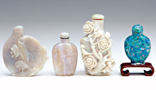 Appraisal: CHINESE SNUFF BOTTLES Four opal bottles three carved opal and