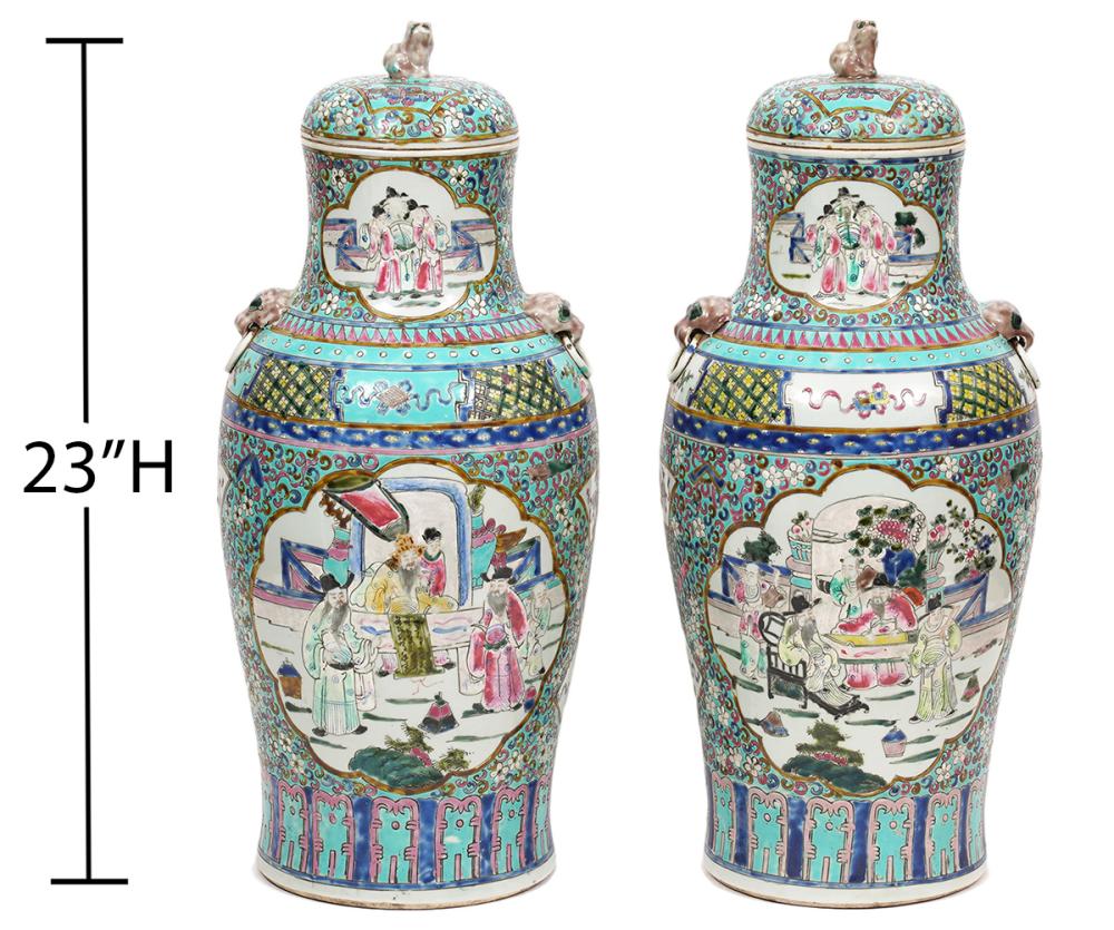 Appraisal: PR LARGE CHINESE EXPORT FAMILLE ROSE LIDDED URNSPair of large