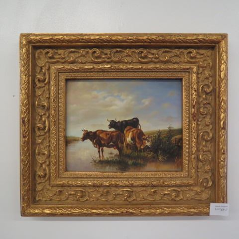 Appraisal: Oil Painting of Cows in a Stream on panel gold