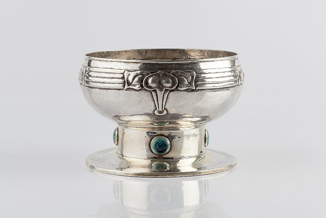 Appraisal: Albert Edward Jones British - Arts Crafts footed silver bowlhammered