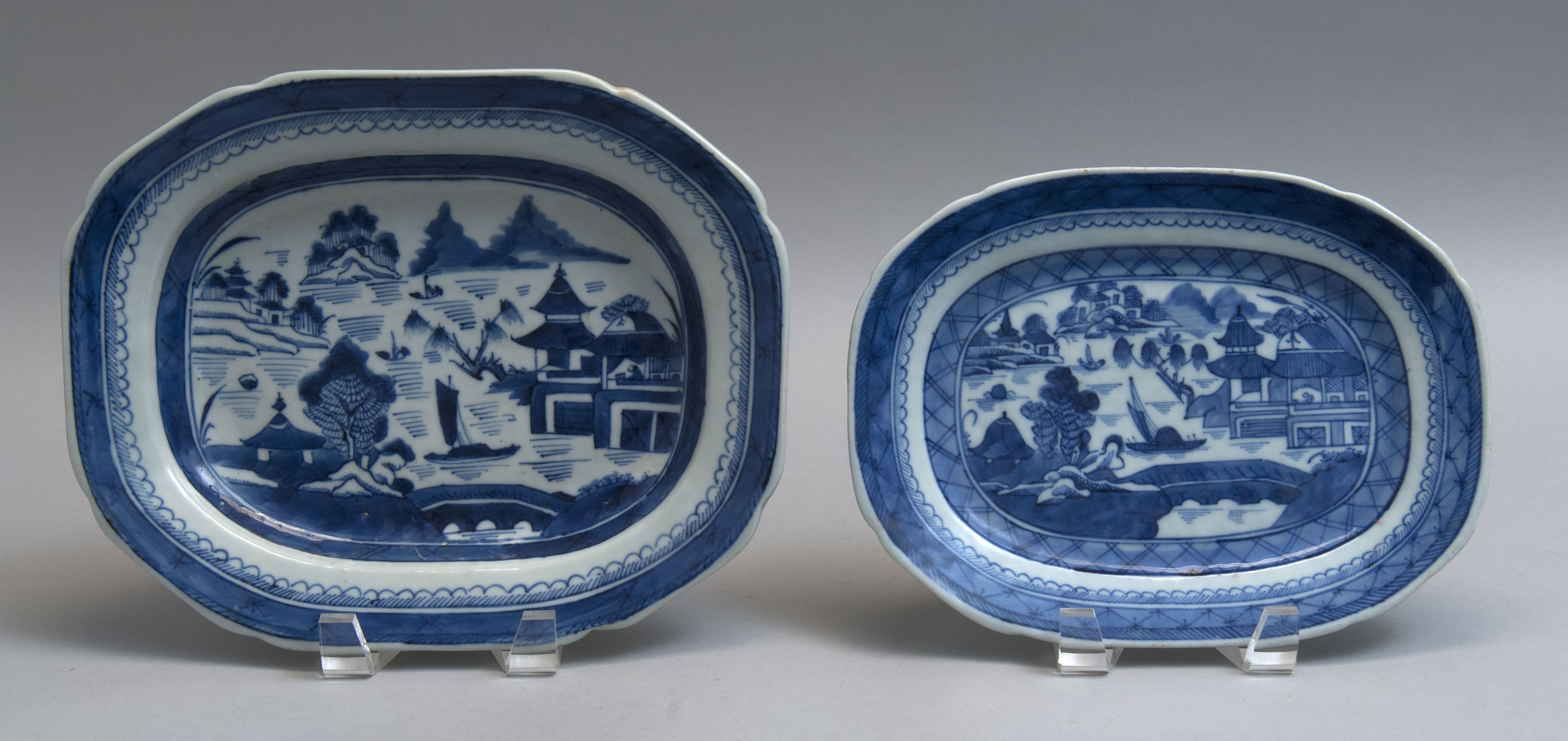 Appraisal: TWO CHINESE EXPORT BLUE AND WHITE CANTON PORCELAIN PLATTERS Mid-