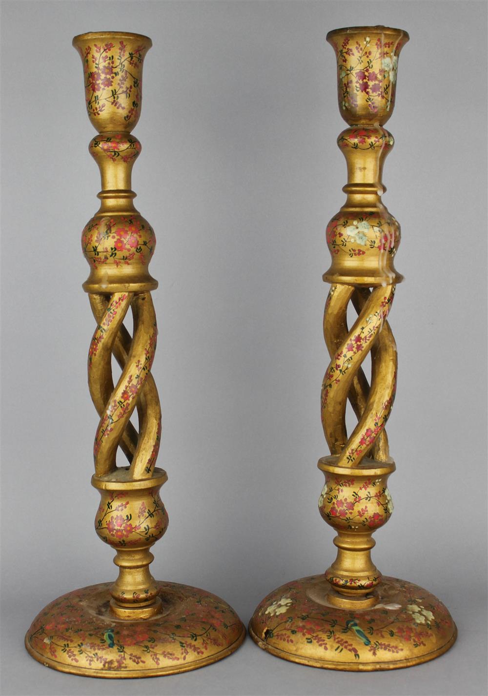 Appraisal: PAIR OF CHINESE CARVED AND PAINTED CANDLESTICKS the sticks with