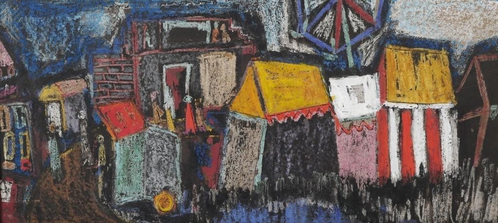 Appraisal: Illegibly signed gouache painting of a circus midway with colorful