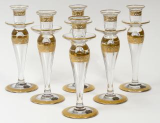 Appraisal: SET OF SIX ST LOUIS CRYSTAL CANDLESTICKS French Acid stamped