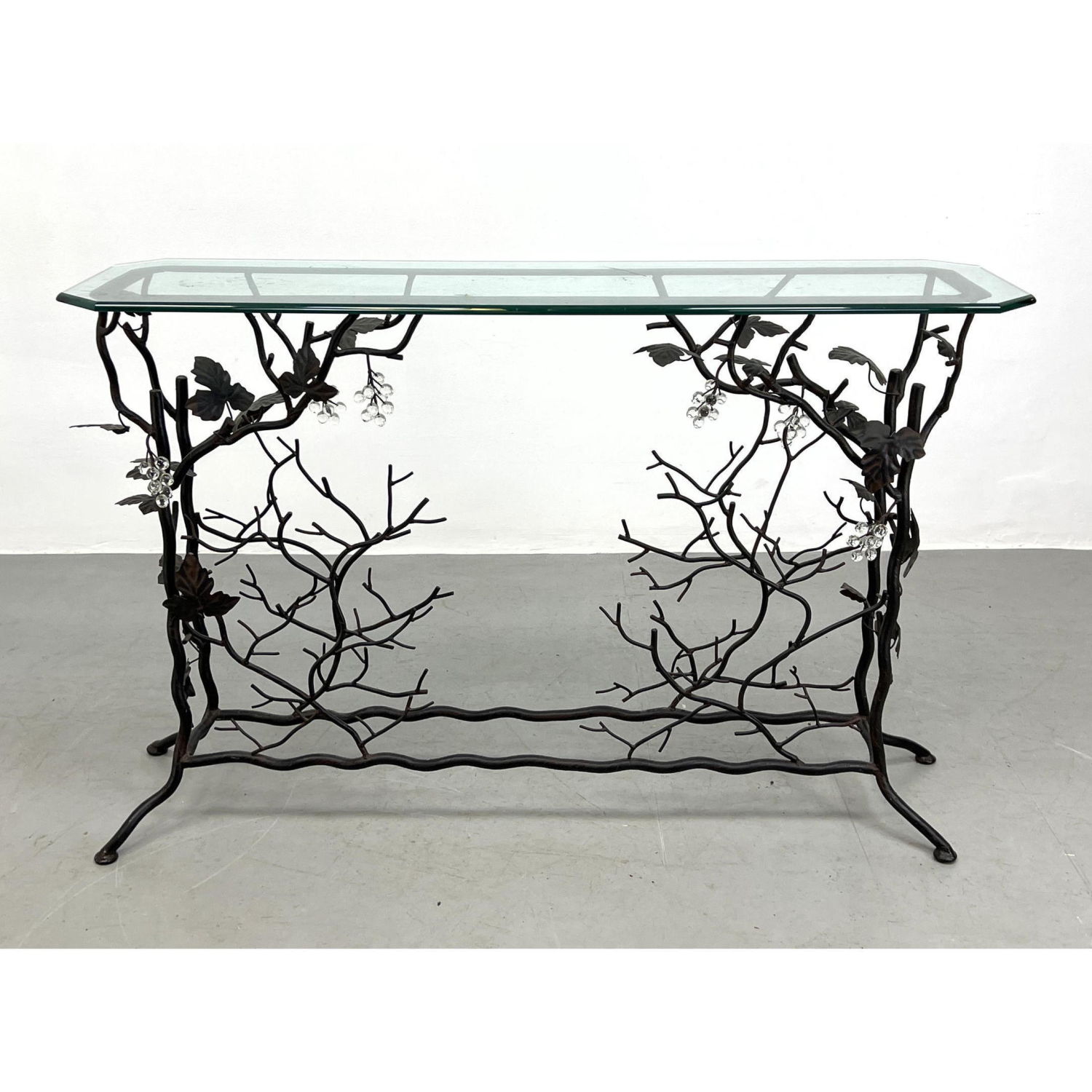 Appraisal: Contemporary Glass Top Console Table Iron and glass branch form