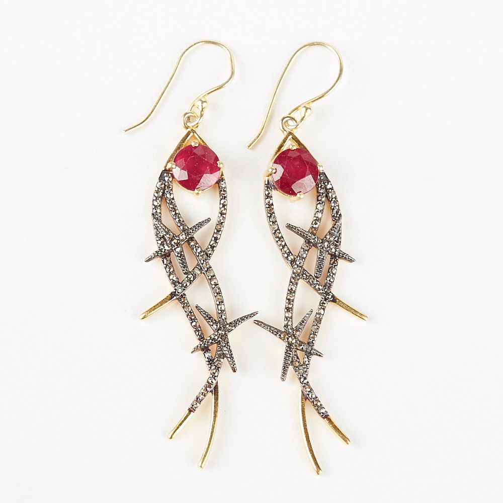 Appraisal: Natural Diamond and Ruby Antiqued Silver Earrings w Yellow Gold