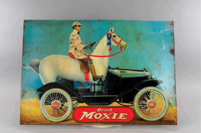 Appraisal: DRINK MOXIE TIN SIGN Lithographed tin classic depiction of man