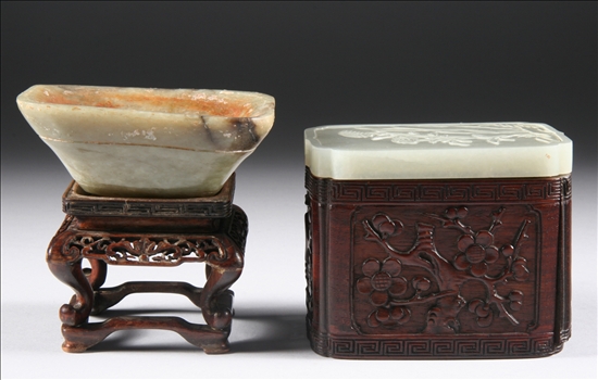 Appraisal: CHINESE CARVED ROSEWOOD BOX AND CELADON JADE COVER th century