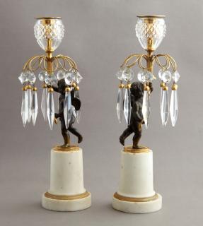 Appraisal: Pair of Napoleon III-Style Bronze Marble and Cut Glass Candlesticks