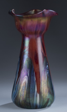 Appraisal: Unmarked Loetz Art Glass Vase Iridescent swirls of red blue