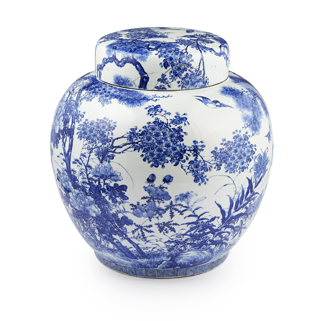 Appraisal: MASSIVE BLUE AND WHITE SETO-WARE JAR AND COVER BY KAWAMOTO