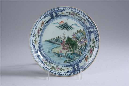 Appraisal: CHINESE FAMILLE ROSE PORCELAIN SHALLOW BOWL Daoguang four-character underglazed blue