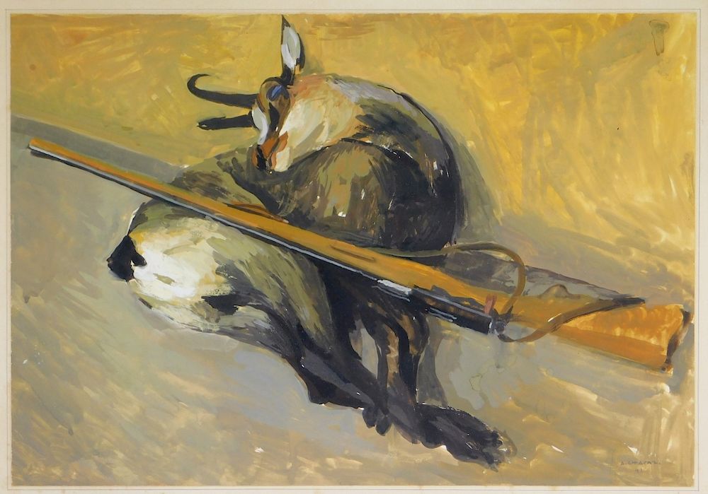 Appraisal: Albert Chavaz Alpine Ibex Rifle Game Painting Albert Chavaz Switzerland