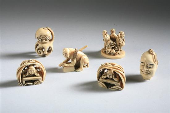 Appraisal: SIX JAPANESE IVORY NETSUKE Signed including pair carved to depict