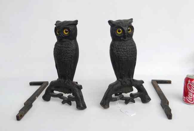 Appraisal: Pair glass eye owl andirons with original fire dogs signed