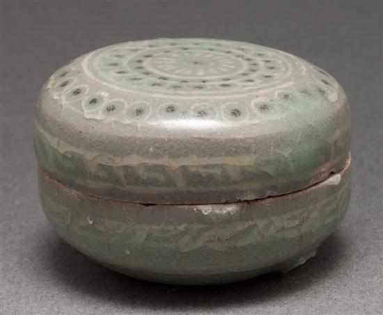 Appraisal: Korean celadon glaze stoneware rouge pot th th century with