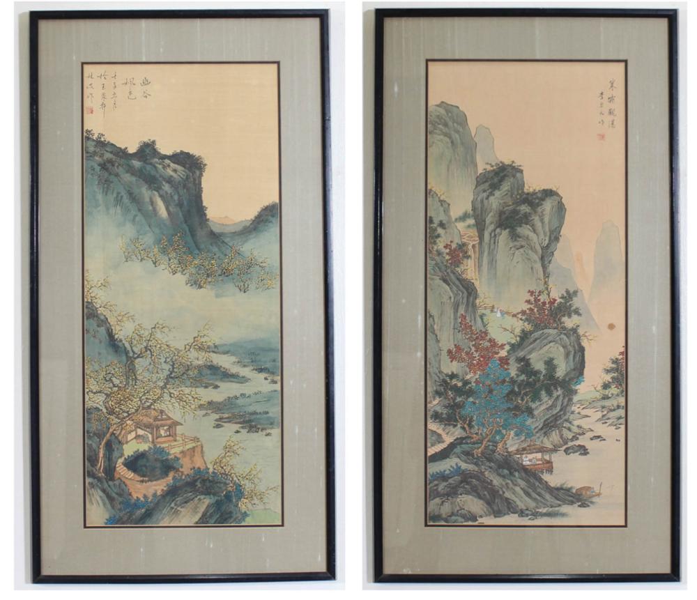 Appraisal: TWO CHINESE WATERCOLORS AND INK ON SILK mountain valley scenes