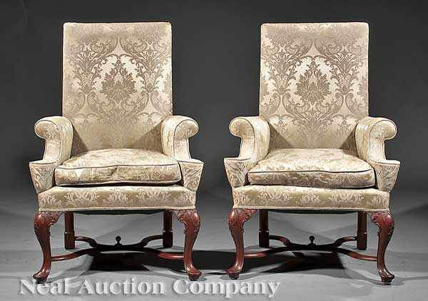 Appraisal: A Pair of Antique Georgian-Style Carved Mahogany Armchairs rectangular back