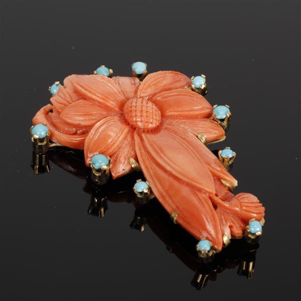 Appraisal: Fine Detailed Pierce Carved Coral Flower Brooch Pin with Turquoise