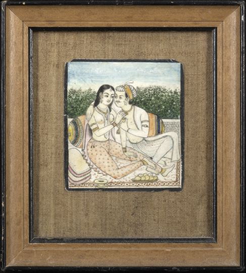 Appraisal: Framed Indian Painted Ivory Miniature depicting an amorous couple in