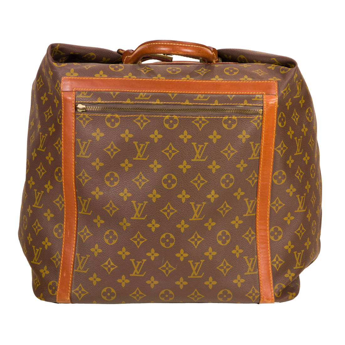 Appraisal: VINTAGE MONOGRAM SOFT SUITCASE Vintage monogram soft suitcase featuring brass