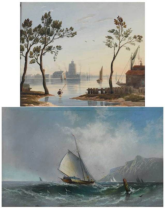 Appraisal: Two European Watercolors th century Fisherman Across from an Industrial