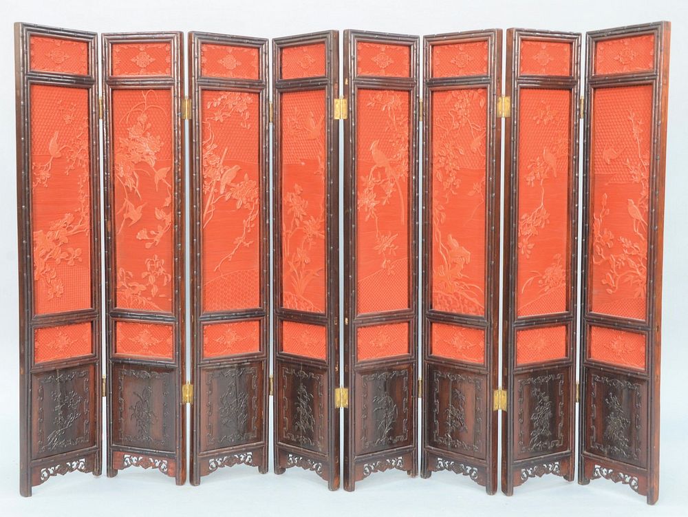 Appraisal: Chinese Eight Panel Cinnabar Screen each panel having three carved