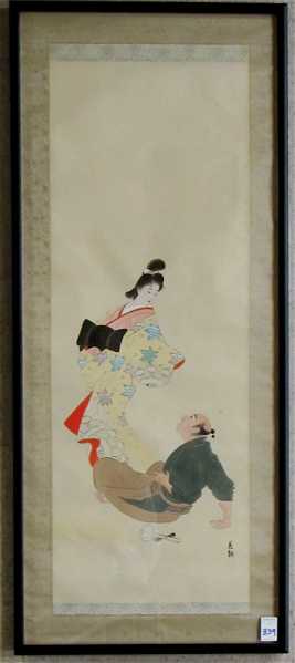 Appraisal: CHINESE PAINTING ON SILK SCROLL confrontation between laborer and geisha