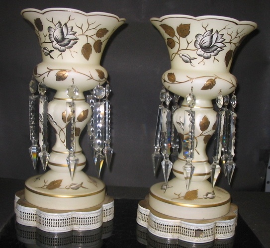 Appraisal: PAIR OF OPALINE GLASS LUSTRE LAMP BASES having clear crystal