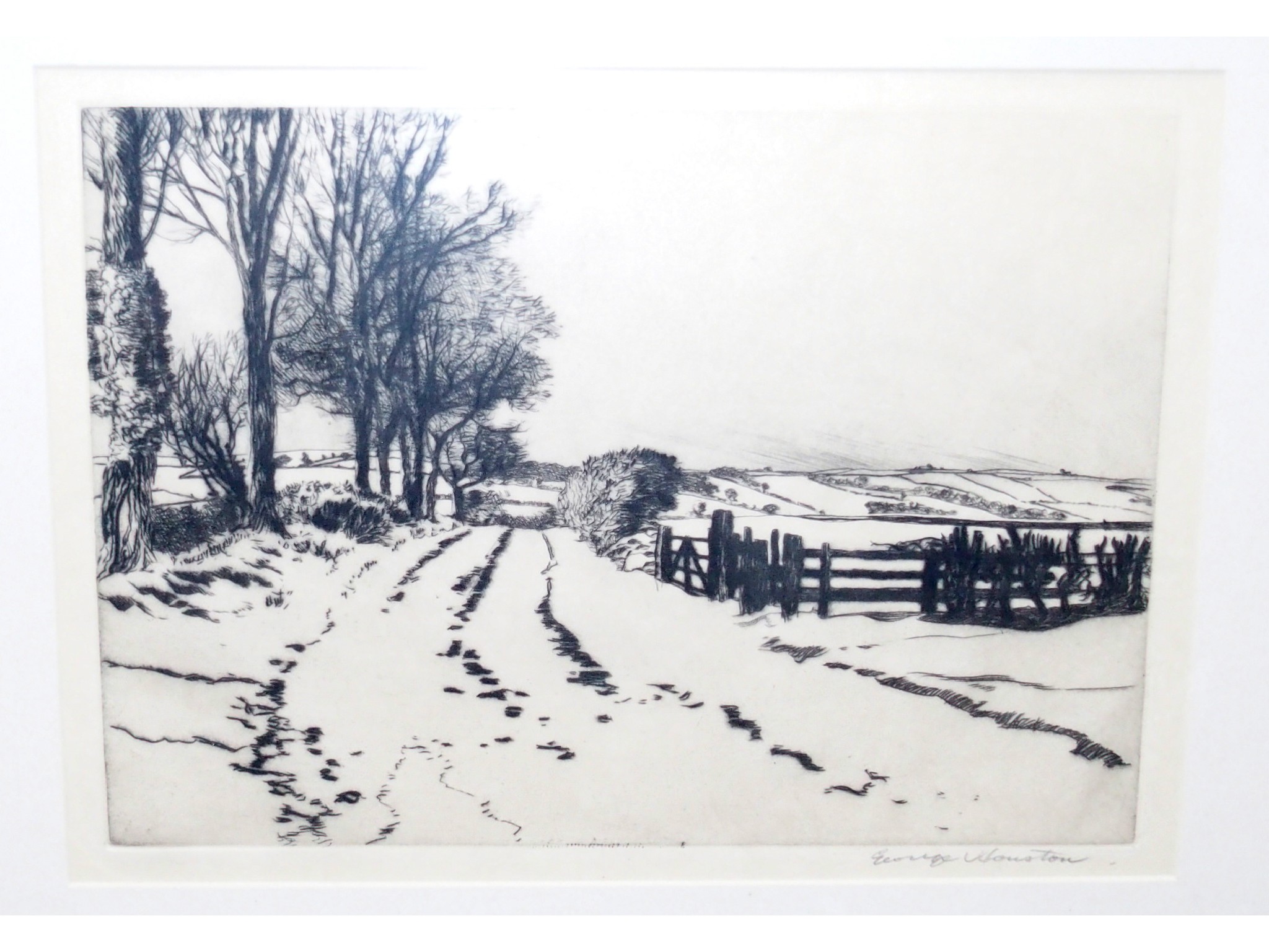 Appraisal: GEORGE HOUSTON Winter landscape signed etching