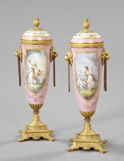 Appraisal: Pair of French Gilt-Brass-Mounted Porcelain Garniture Vases first quarter th