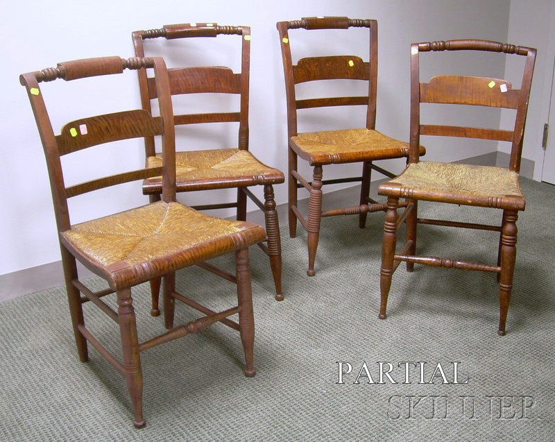 Appraisal: Assembled Set of Eight Tiger Maple Side Chairs with Woven