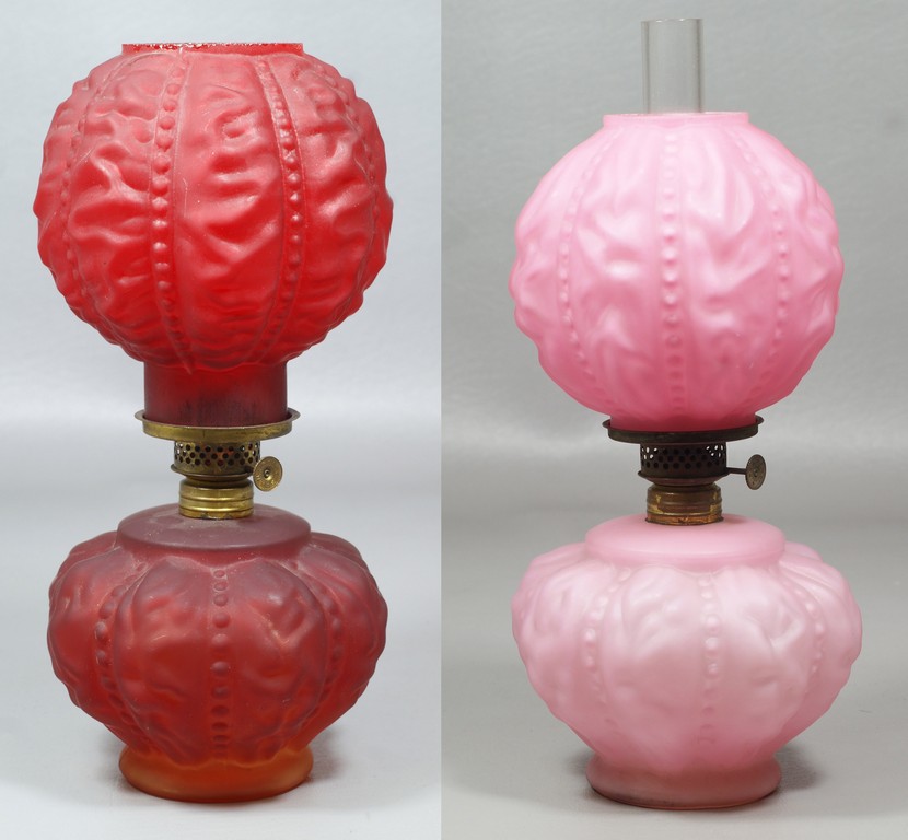 Appraisal: satin glass miniature lamps red and pink similar patterns tall