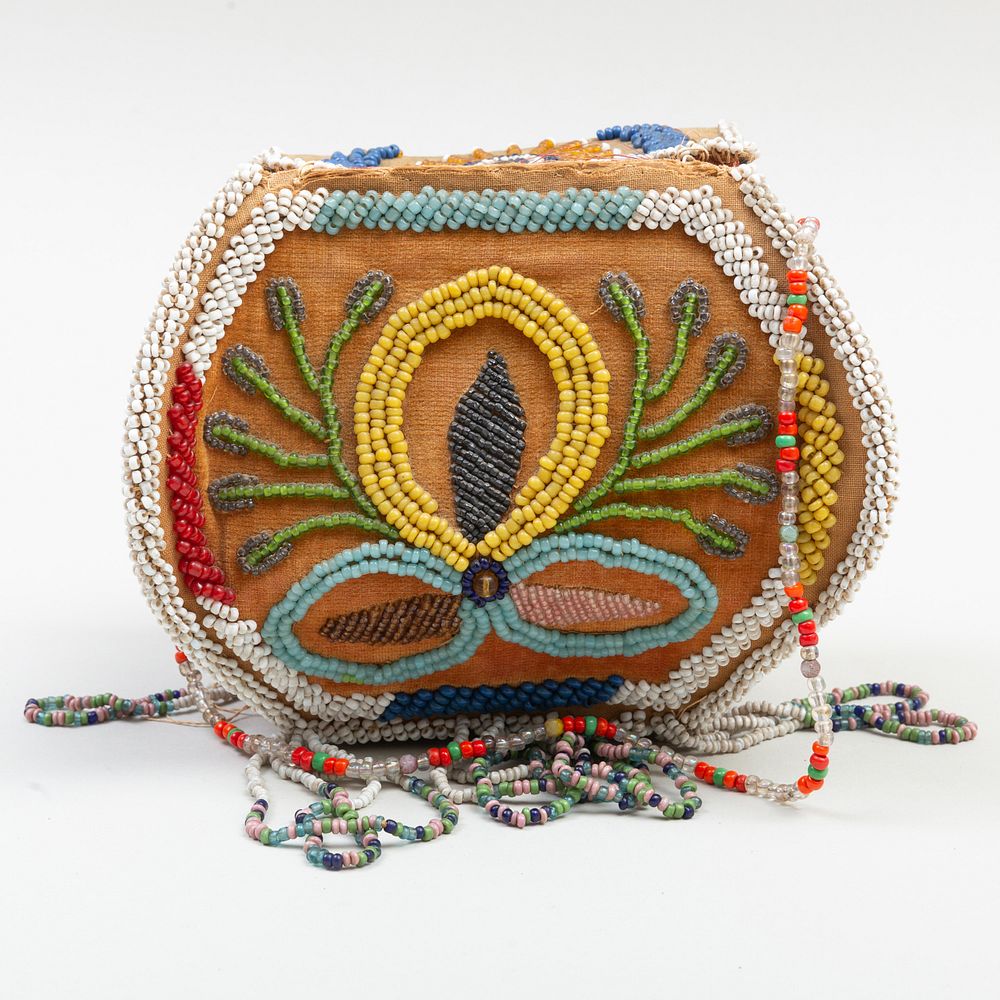 Appraisal: Iroquois Beaded Cloth Bomb Form Purse x x in Condition