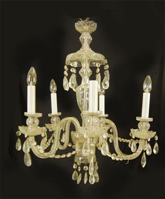 Appraisal: A glass five light electrolier with scroll arms and hung