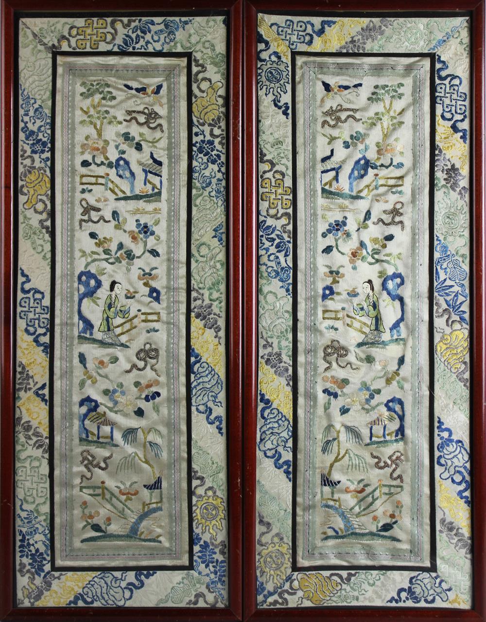 Appraisal: PAIR OF CHINESE SILK EMBROIDERED SLEEVE BANDS each narrow strip