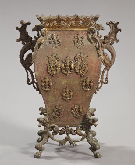 Appraisal: Continental Bronzed and Gilded Brass Dragon-Handled Garniture Vase fourth quarter