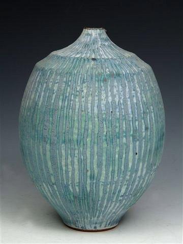 Appraisal: A PETER BEARD THROWN STONEWARE VESSEL with vertical turquoise and