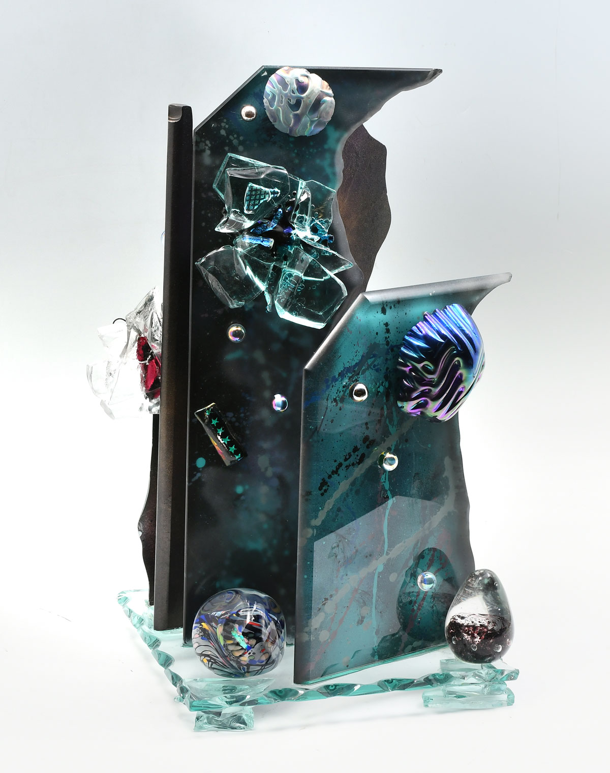 Appraisal: MIXED MEDIA ART GLASS SCULPTURE ILLEGIBLY SIGNED Incised title ''Dark