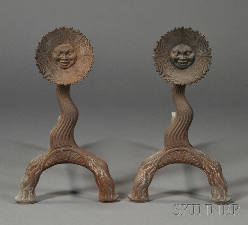 Appraisal: Pair of Bradley Hubbard Cast Iron Sun-face Andirons Meriden Connecticut